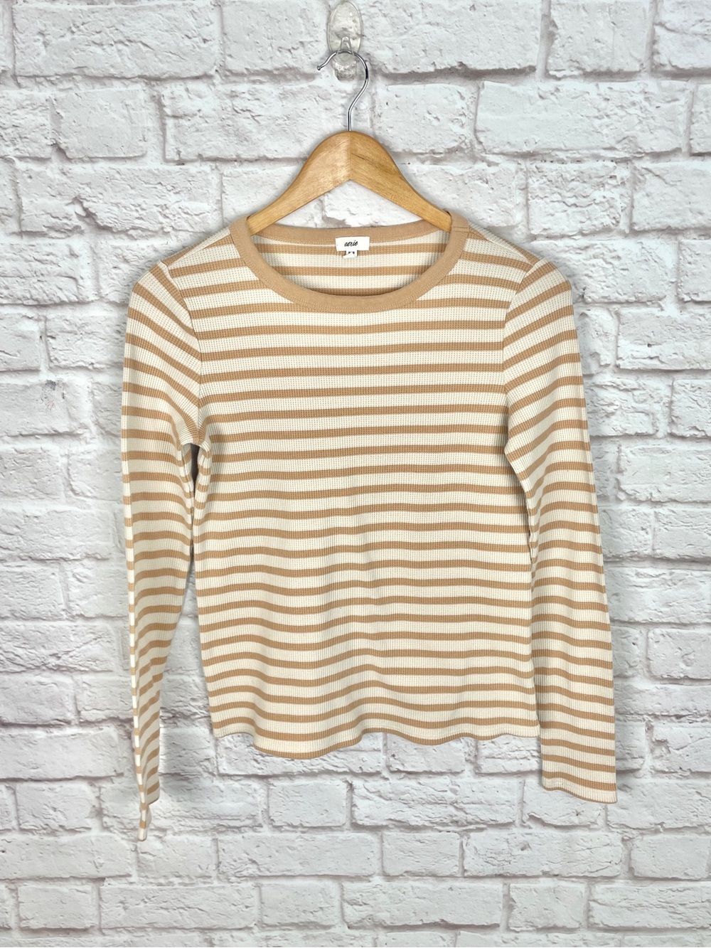Aerie Striped Tan & White Waffle Knit Long Sleeve Crewneck Thermal Tee Size M